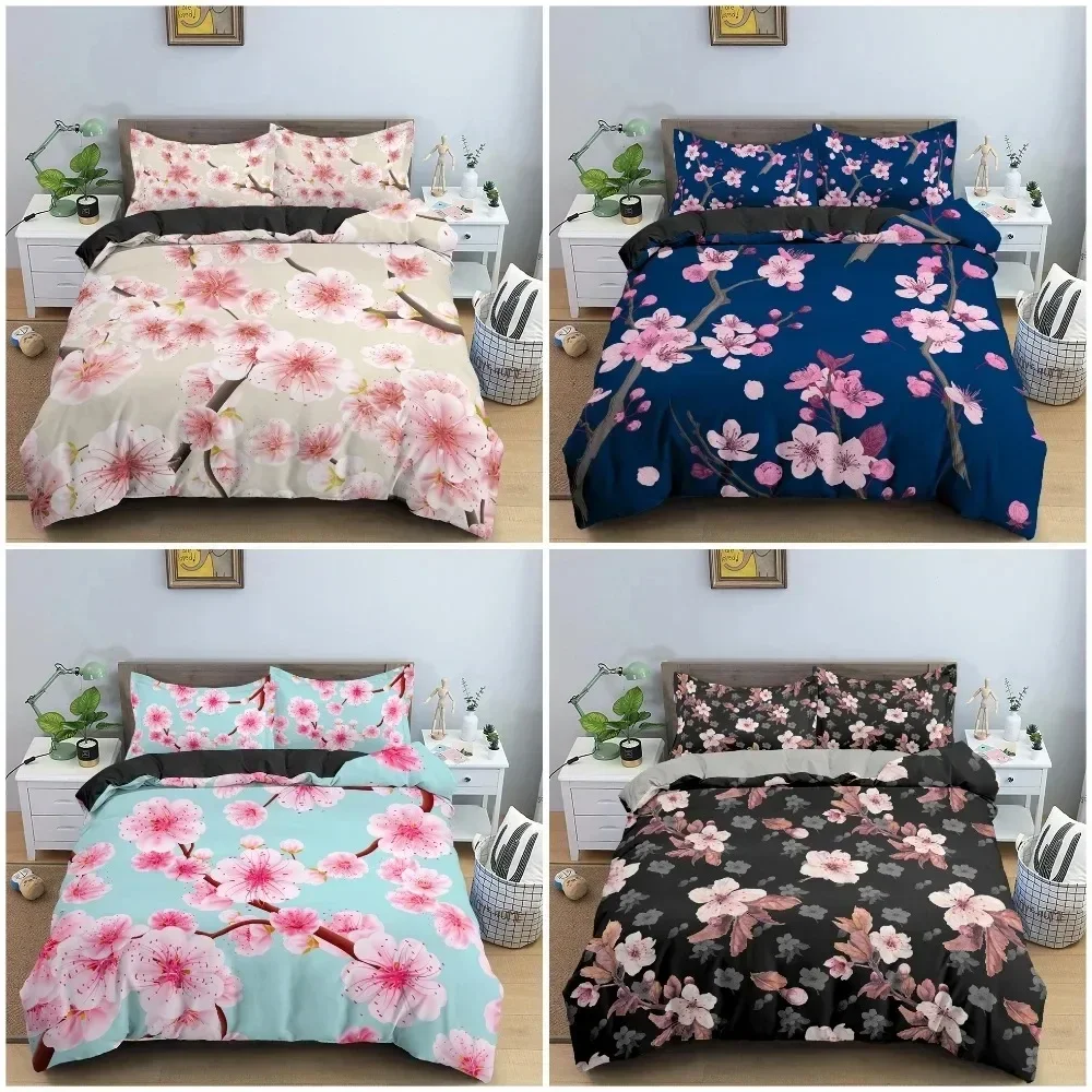 Beautiful Cherry Blossoms 3D Flowers Scenery Comfortable Duvet Quilt Cover Pillowcase Bedding Set Children Bedroom Home Textile