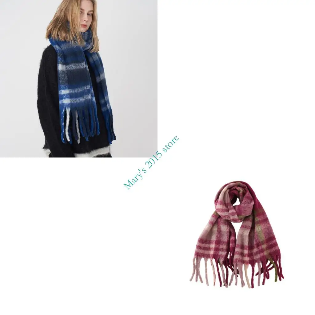 

E15F Luxury Plaids Print Scarf Shawl With Fringe Winter Warm Fashion Accessory Women