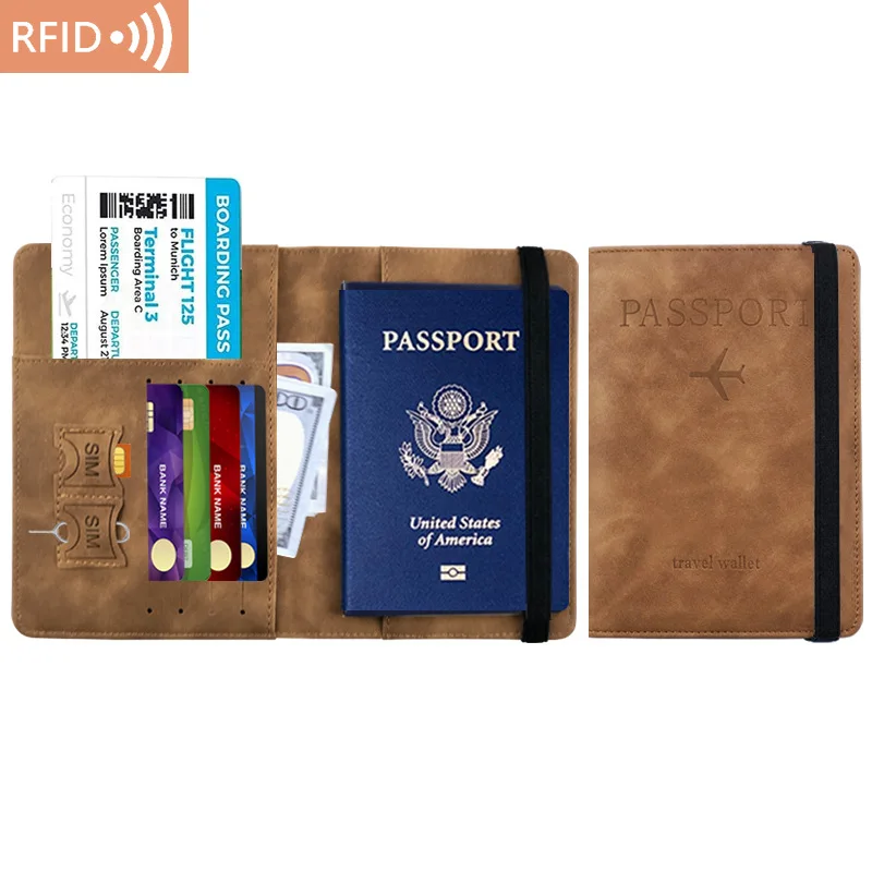 Capa de couro para passaporte com faixa elástica, bloqueio rfid para cartões, porta-passaporte de viagem, carteira, organizador de documentos, capa para homens e mulheres