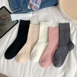 Heart Embossment Middle-tube Socks Women JK Lolita Kawaii Cute Socks Casual Fashion Solid Color Cotton Breathable Long Socks Sox