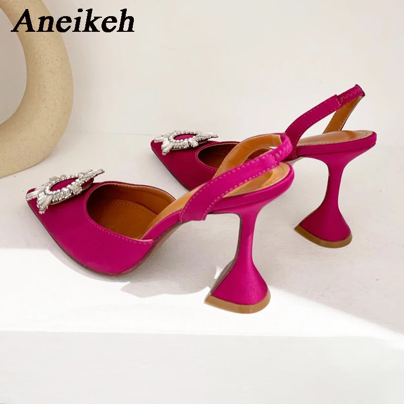 Aneikeh Brand Women Silk High Heels Luxury Crystal Butterfly Knot High Heels Summer Pointed Shoes Triangle Heeled Bride Pumps