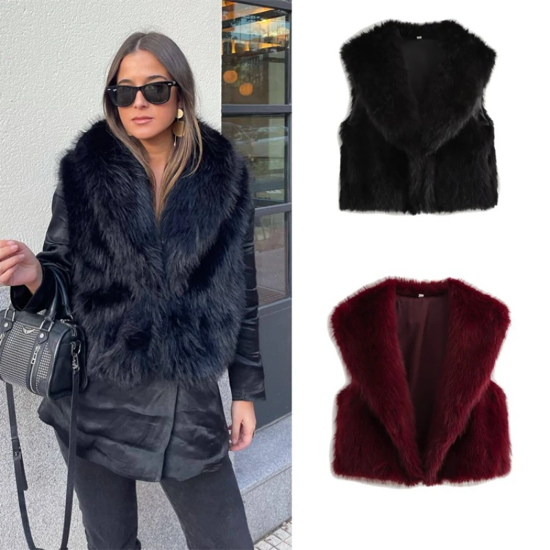 

Big Lapel Faux Fur Vest Solid Stylish Women‘s Winter Furry Jacket Fluffy 2025 Sleeveless Black Luxury Faux Fox Plush Coat Casual
