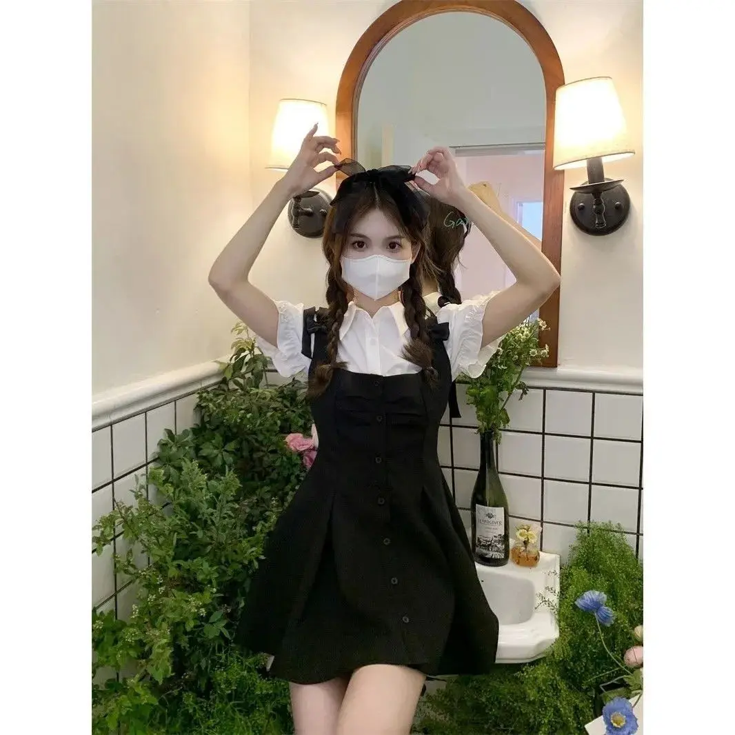 Korean Women's Set 2024 Spring/Summer New Fashion Bubble Sleeve Shirt+Strap Dress Unique Two Piece Set