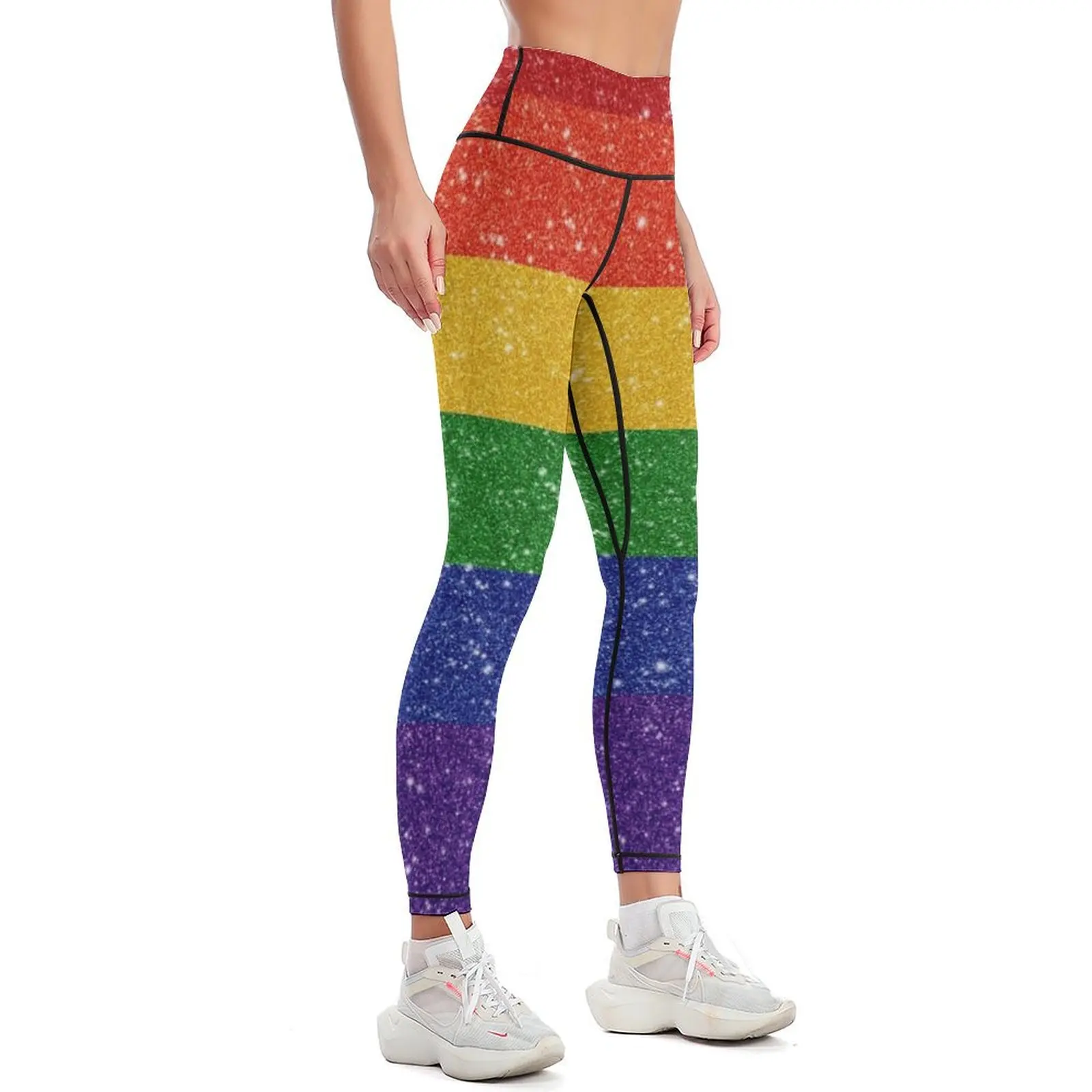 Faux Glitter LGBTQ Pride Rainbow Flag Background Leggings Jogger pants gym pants trousers Womens Leggings