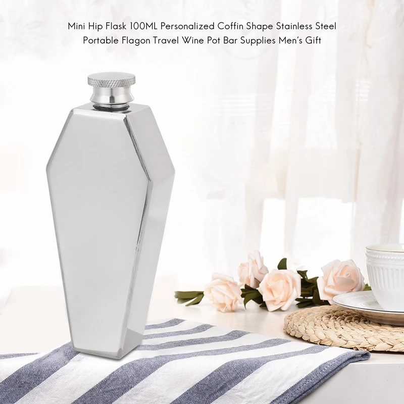 Mini petaca de acero inoxidable con forma de ataúd personalizada, portátil, de viaje, para vino, suministros de Bar, regalo para hombres, 100ML