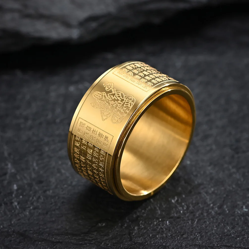 11.7mm Eight Patron Saints of Buddhism Zodiac Buddha Titanium Steel Ring Rotatable Heart Sutra Buddhist Rotatable Ring