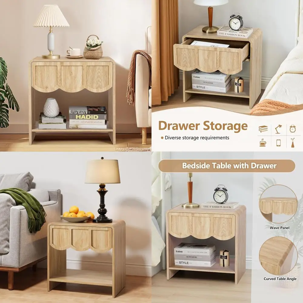 

Прикроватная тумбочка в стиле середины века с волнообразными панелями из дерева для небольших помещений – для спальни или гостиной, натуральная отделка