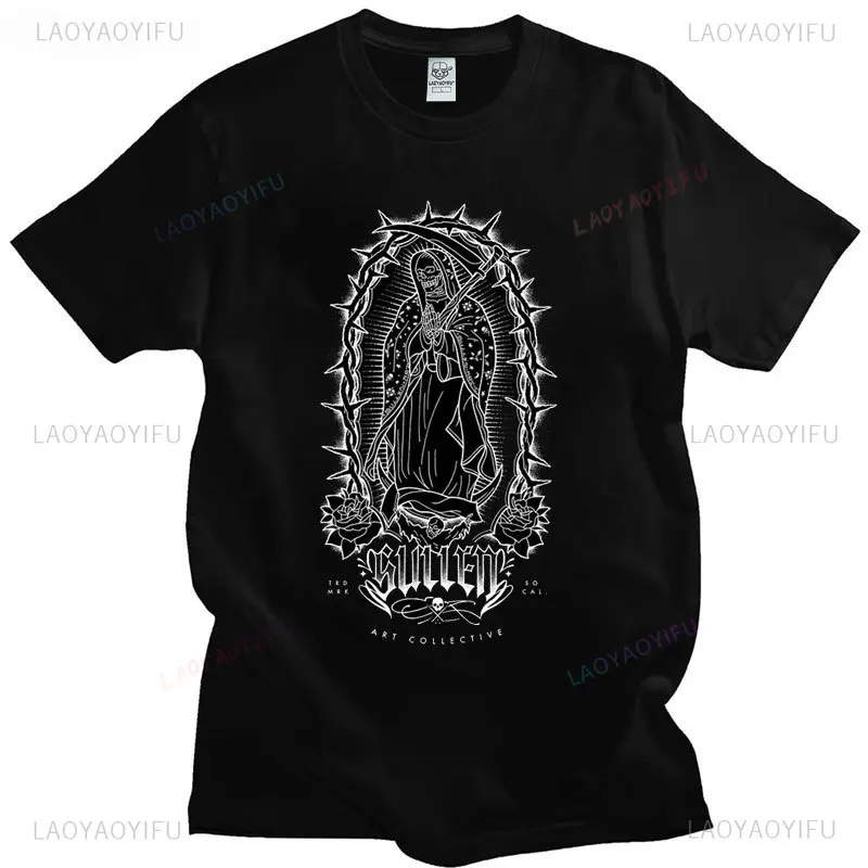 Classic Gothic Santa Muerte Tshirt Men Lady of Holy Death Shirt Mexican Skull Cotton Short Sleeve Streetwear Hip Hop Tee-Shirts