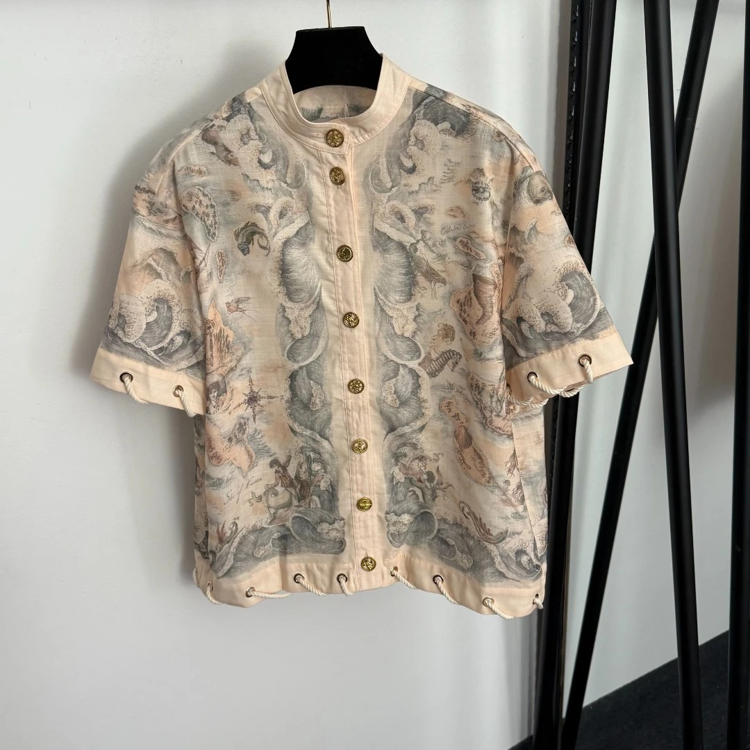 

Trendy Linen Mix Print Shirt and Knotted Shorts Outfit Beige Two Piece Set