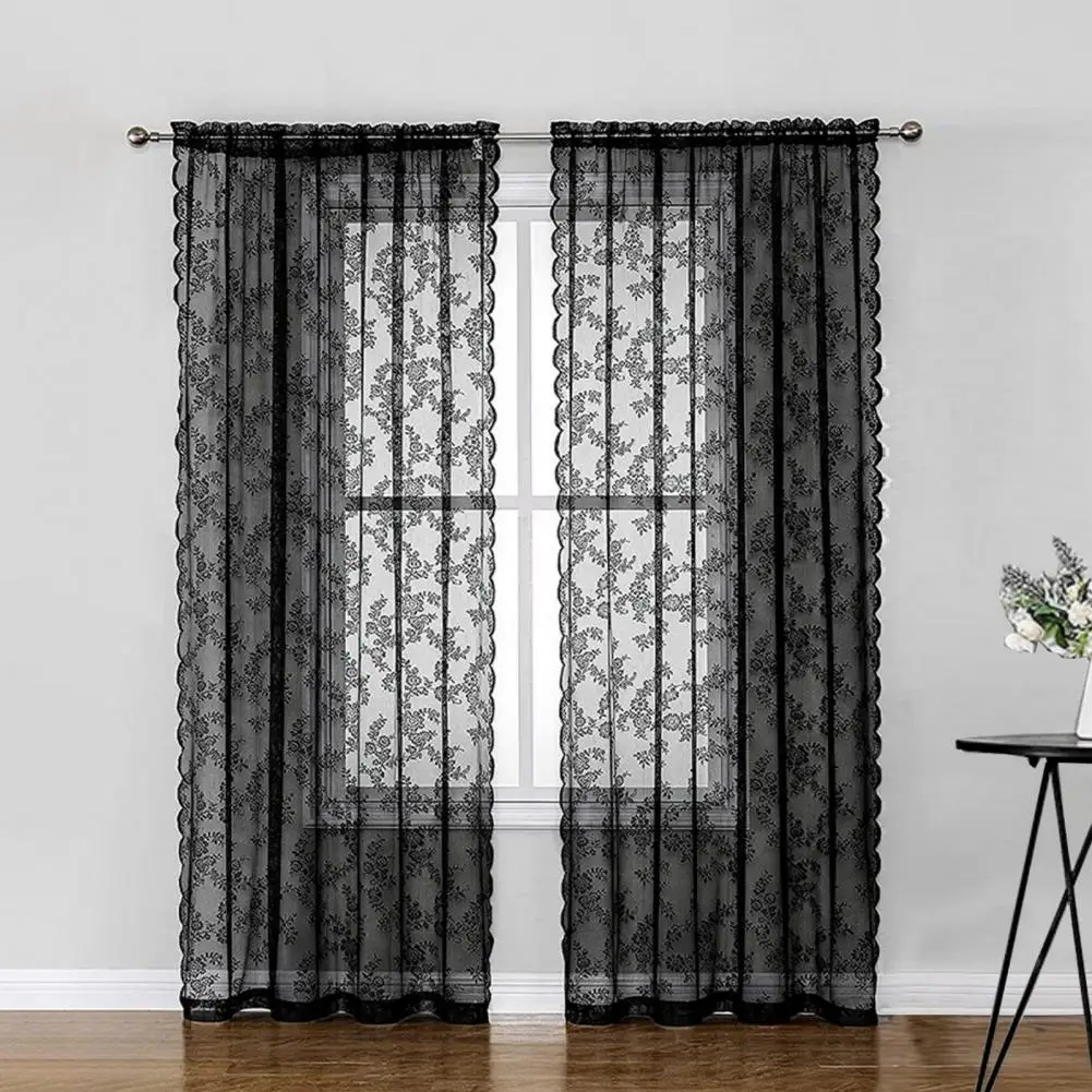 Simple Tear Resistant Floral Patterned Black Lace Sheer Curtain Extra Soft Easy Installation Tulle Curtain Home Supplies