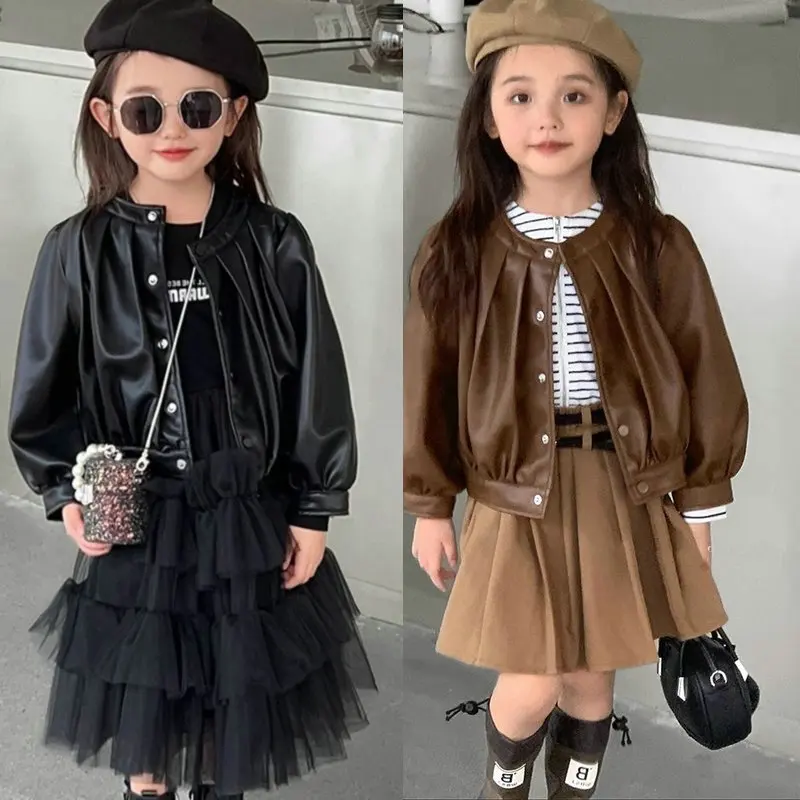 Girls Jacket Coat Front Pleated Personalized Pu Leather Jacket Autumn Winter New Fashion Casual Cardigan Top Children's Clothing