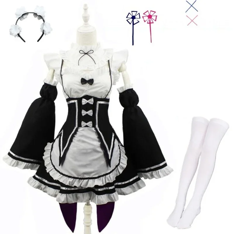 Anime Ram/Rem Lolita Maid Cosplay Costumes Dress Re: Zero Kara Hajimeru Isekai Seikatsu Halloween Costumes for Women Loli Dress