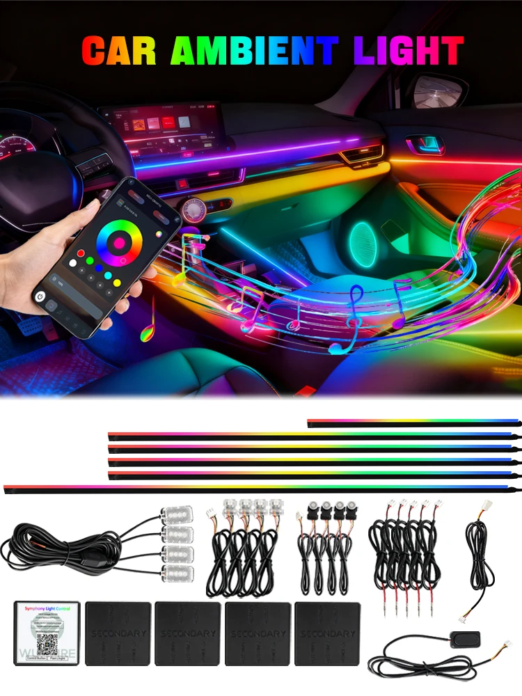 6/10/18 in 1 Auto-Ambientebeleuchtung 64 Farben RGB Symphonie Innenraum Acryl LED-Lichtstreifen Versteckte Musik-App-Steuerung Atmosphärenlampe