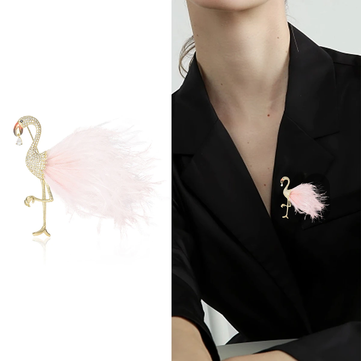 Beaut&Berry Luxury Zirconia Flamingo Brooches for Women Unisex Animal Pins Casual Party Accessories New Gifts Friends Decoration