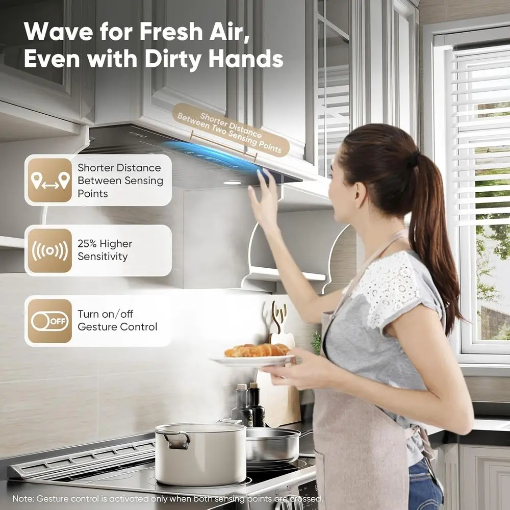 ビルトイン/インサートレンジフード 980 CFM、ダクト式/ダクトレス変換可能、ステンレス製キッチン換気フード、4段階風量調節、ジェスチャーセンサー付き