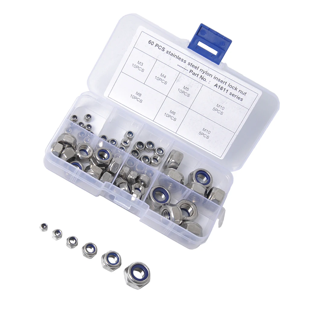 Stainless Steel Nylon Insert Lock Hex Nuts Assortment M3 M10 Self Locking Nuts with Box for Hardware Repair