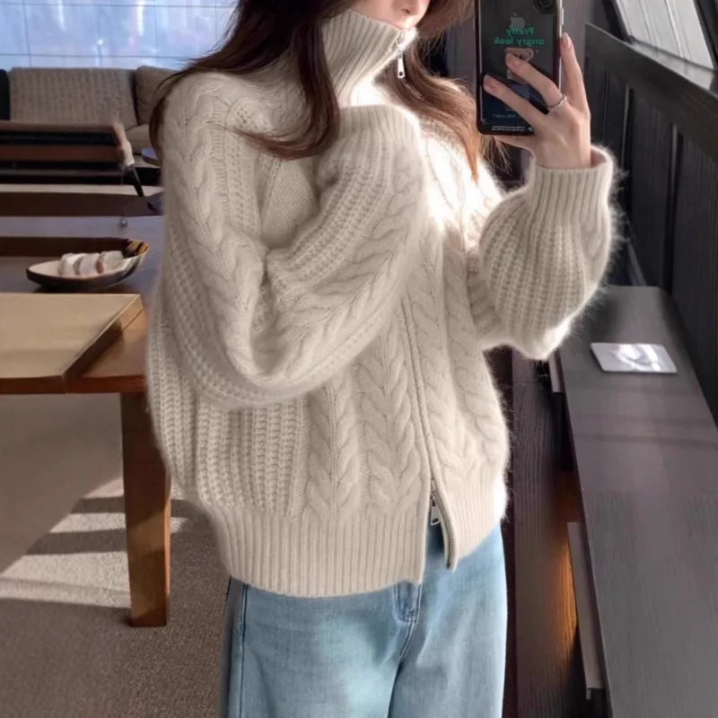 

Осенний толстый шерстяной кардиган на молнии, женский утолщенный витой свитер из чистого кашемира для тяжелой промышленности, пальто