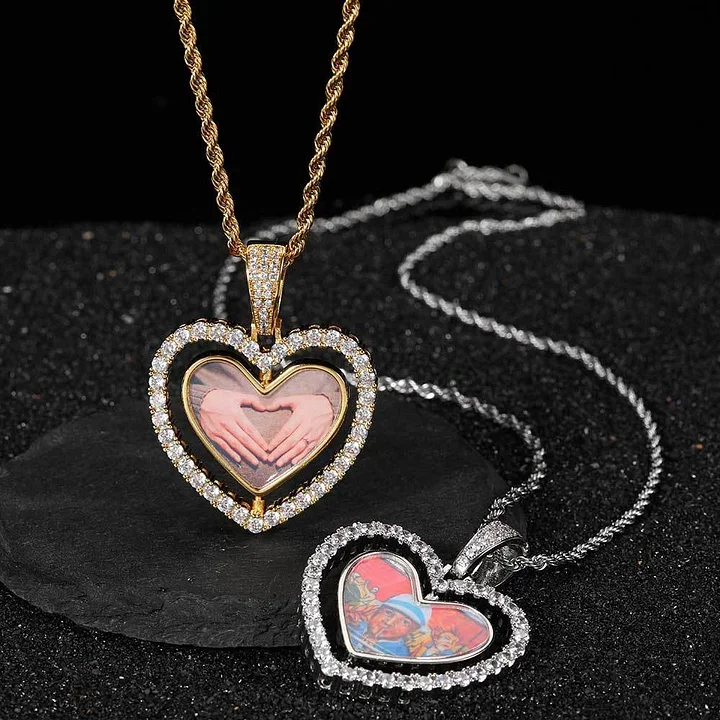 

ZGYXCZONE Hip Hop Rotating Double sided Love Photo Pendant Zircon Hollow Personalized Photo Frame Necklace Pendant