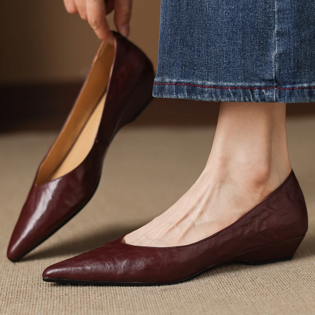 

Женские плиссированные туфли без шнуровки из овчины с острым носком, высококачественные мягкие удобные повседневные женские повседневные тонкие туфли на каблуке 3 см