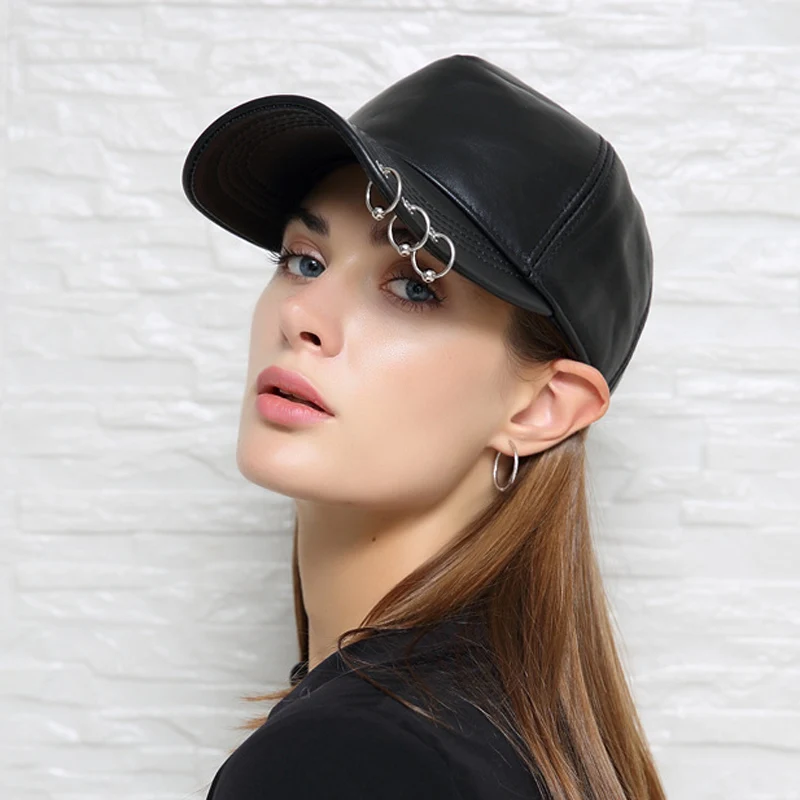 Five Panel Snapback Caps For Women Female Real Leather Hip Pop Three Metal Ring Punk Locomotive Chapeau Girl Show Ponytail Hats