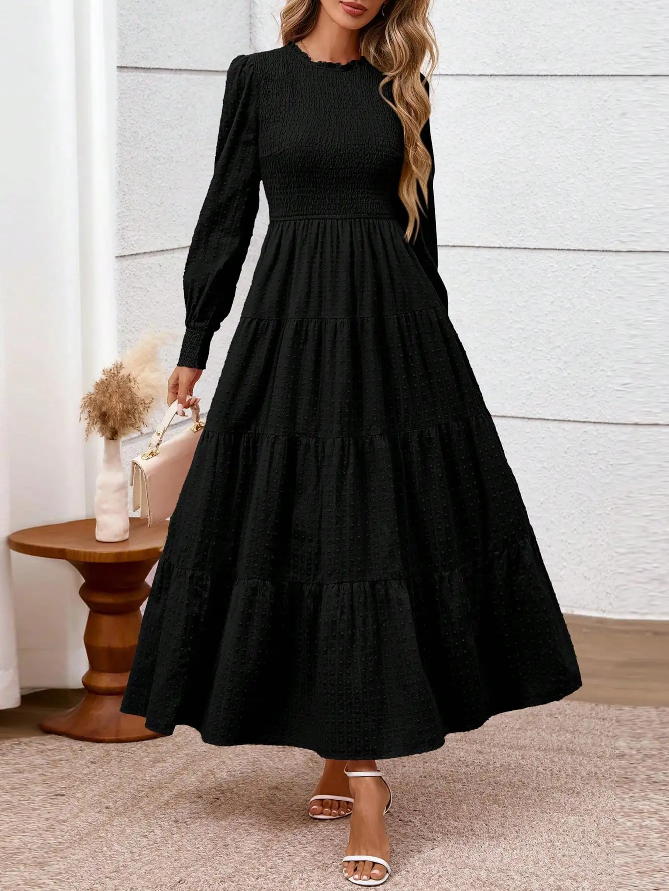 

Black Long Sleeve Smocked Neck Tiered Maxi Dress with Swiss Dot Texture