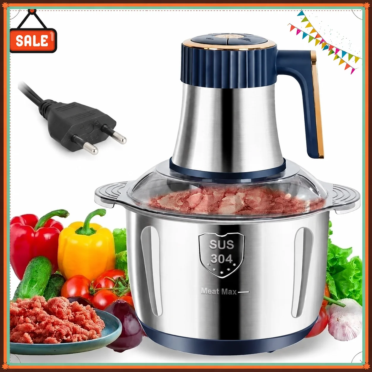 5L Stainless Steel Electric Meat Grinder Large Capacity Multifunctional Food Chopper Vegetable Slicer Blender for Home Kitchen