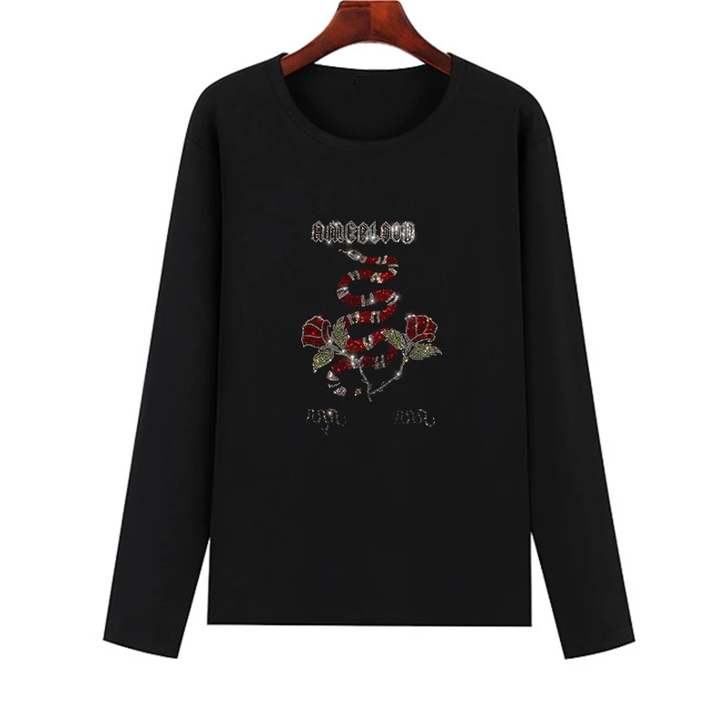 Fashionable T-shirt New fall 2023 long-sleeved T-shirt with Snake and Flower Crystal printed Cotton blouse