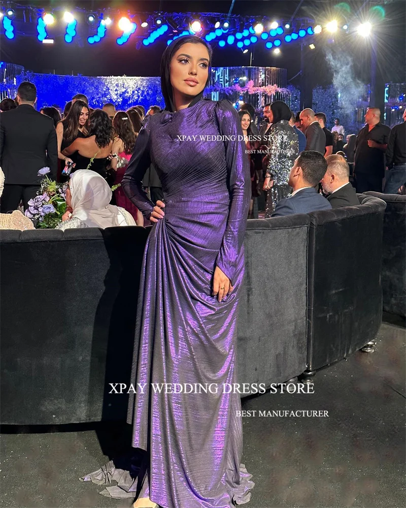 XPAY Shiny Purple Muslim Arabic Women Evening Dresses Long Sleeves Pleats O-Neck Hijab Floor Length Formal Prom Gowns Occasion