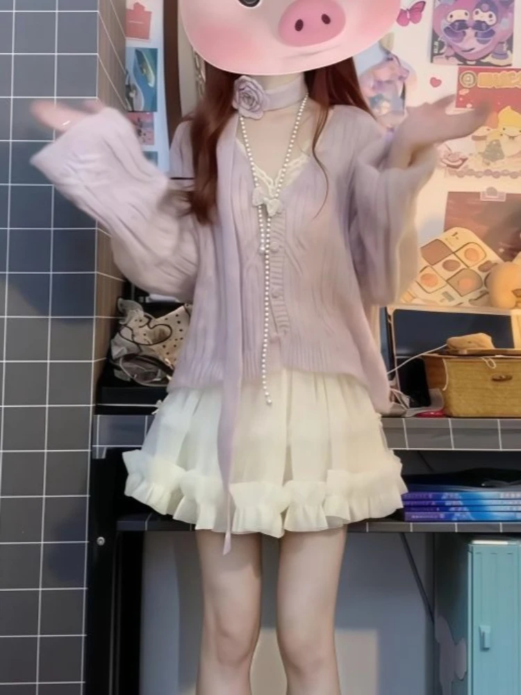 Korean Style Gentle Purple Fashion 3 Piece Set Women Chic Knitted Sweater Cardigan + Vest + Skirts Japanese Sweet Retro Outfits