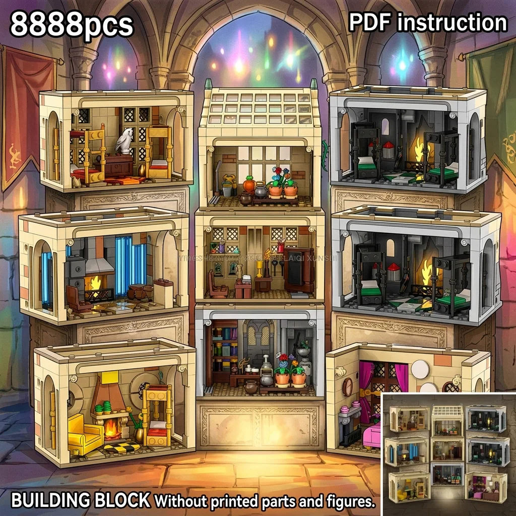 Gothic Castle Dormitory Library Diorama MOC Classic British Boarding School Building Blocks Modular Adult Desk Decor