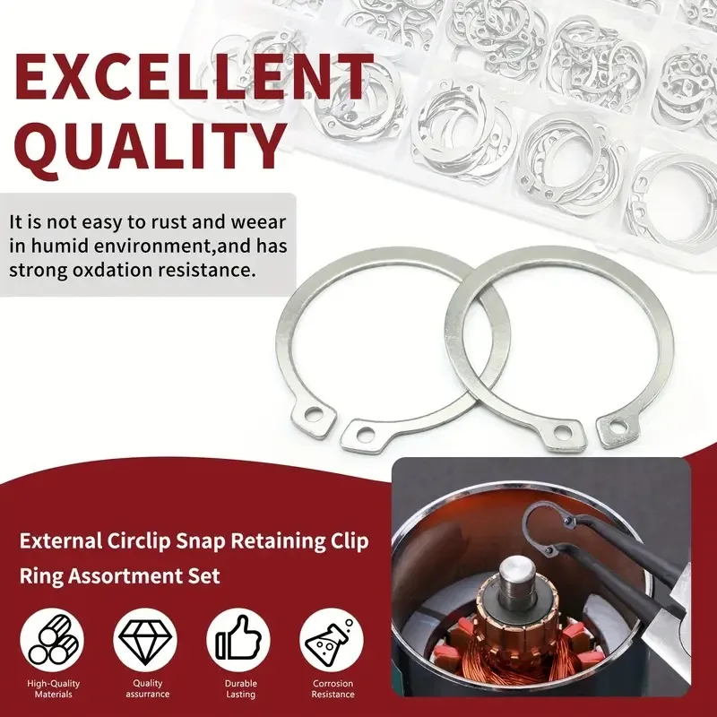 225PCS C Clip External Retaining Ring Kit 15 Sizes M3-M25 304 Stainless Steel Circlip for Shaft