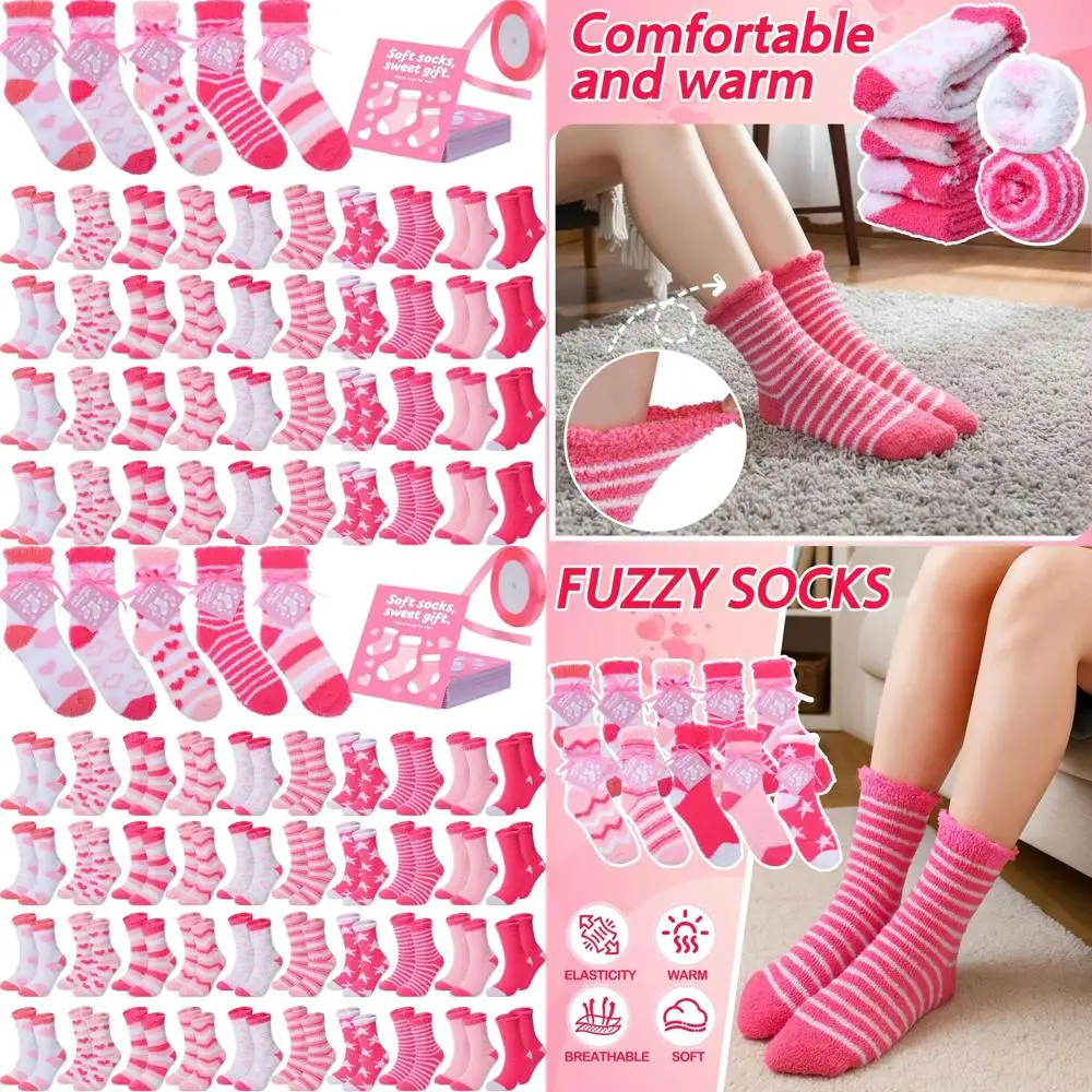 

Bulk Pack of 50 Women's Plush Pink Ankle Socks with Gift Cards & Ribbons for Cozy Winter & Christmas