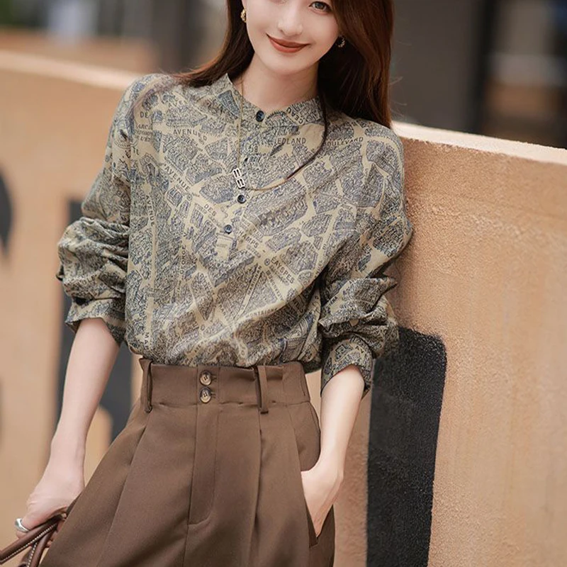 

Autumn Office Lady Simplicity Elegant Trend Sexy Vintage Printing Long Sleeve Bright Easy Close to the People Wild Popularity