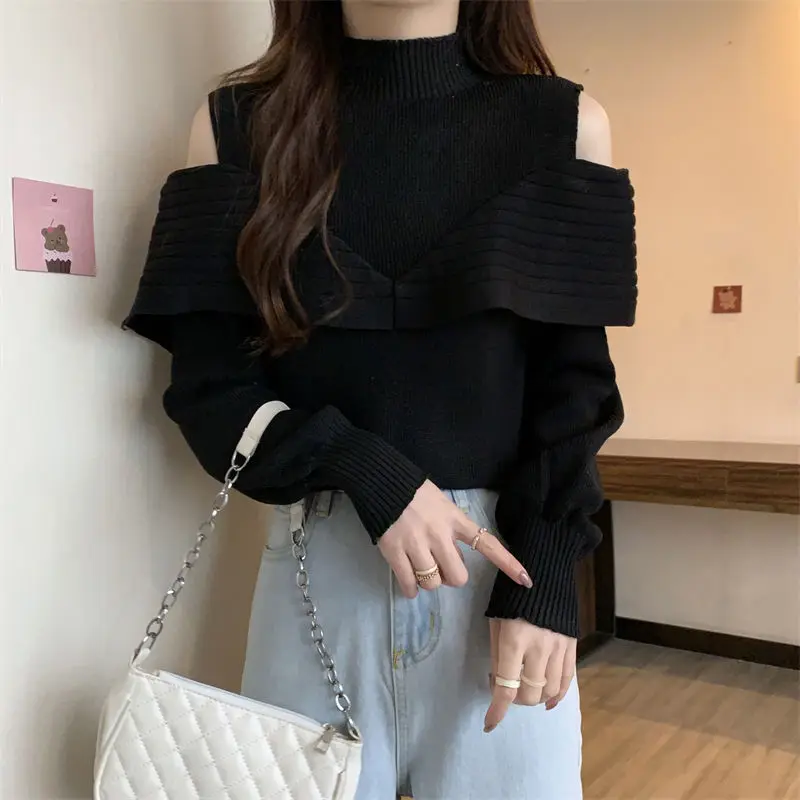 2026 Spring Autumn Korean Hollowed Out Black White Casual Sweet Sweater for Women Off-shoulder Top Long-sleeved Knitted Sweater