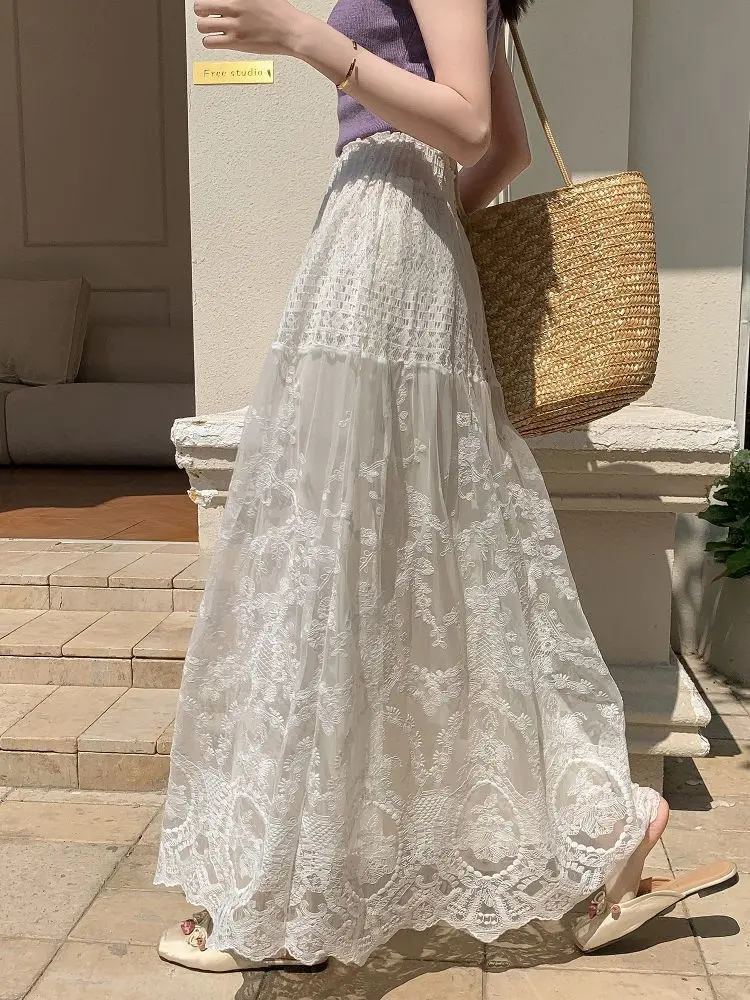 

2025 Autumn Slim Temperament High Waisted Lace Mesh Skirt Long Skirt