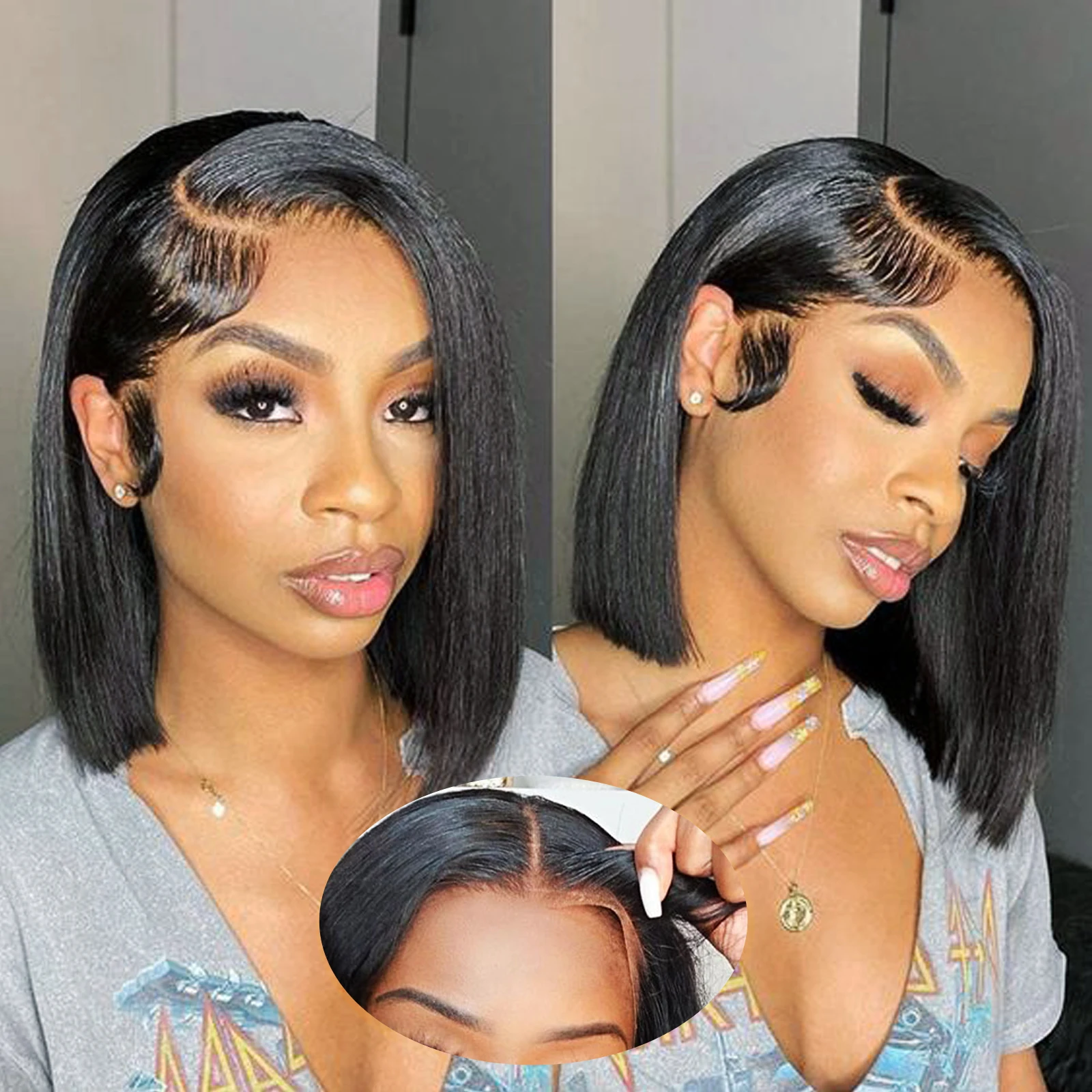 

Bone Straight Bob Wig Human Hair 100% Glueless Wigs Ready to Wear 5x5 HD Lace Closure Wig Pre Cut Pre Plucked Glueless Wig