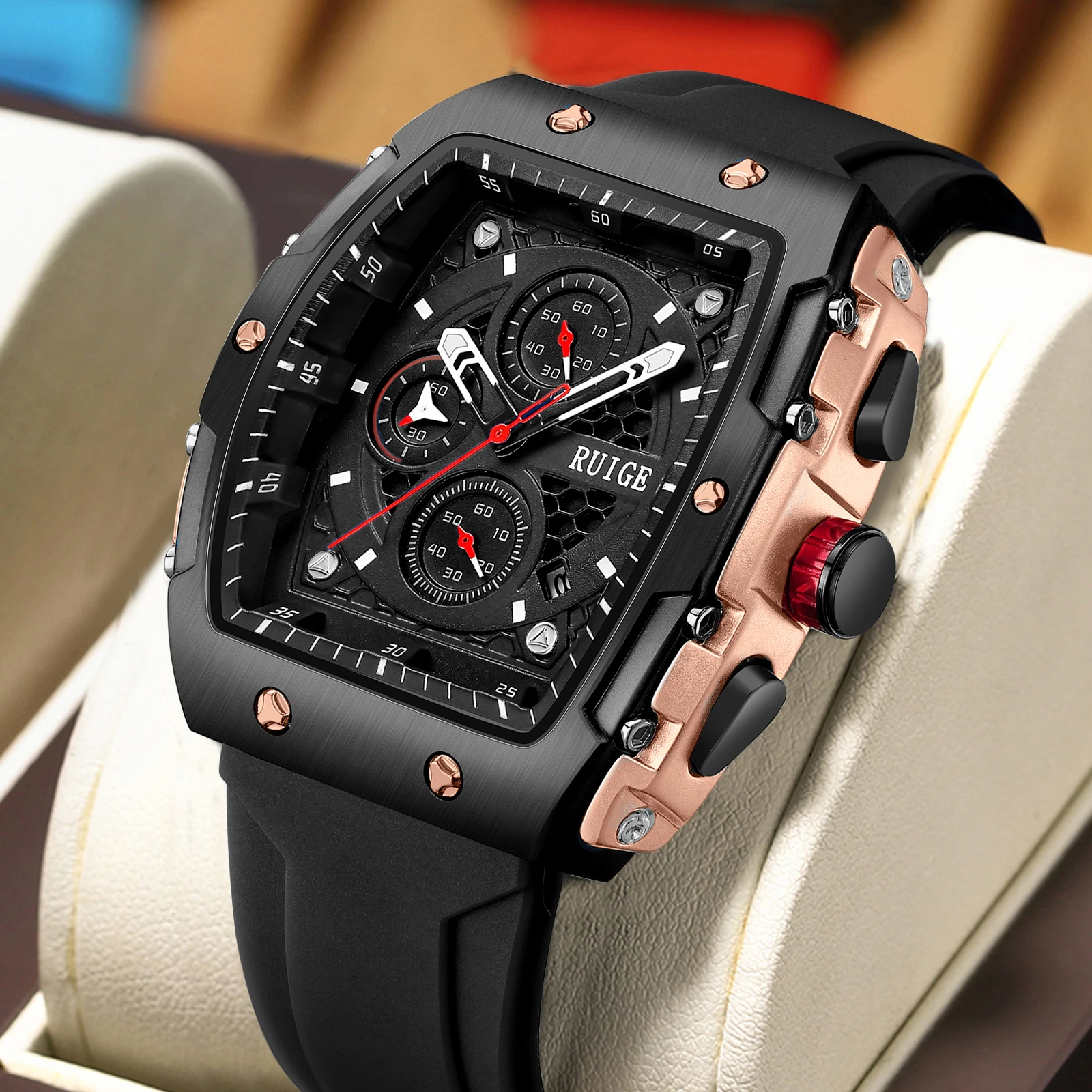 RUIGE Outdoor Wind Wine Barrel Shaped Men's Quartz Watch Multi Functional Men's Night Light Waterproof Fashion Trend Watch N11