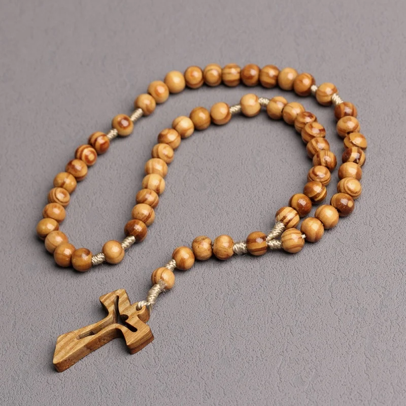 Colliers de prière catholiques en bois perlé avec croix creuse, pendentif crucifix chrétien INRI, longue chaîne, bijoux religieux pour hommes
