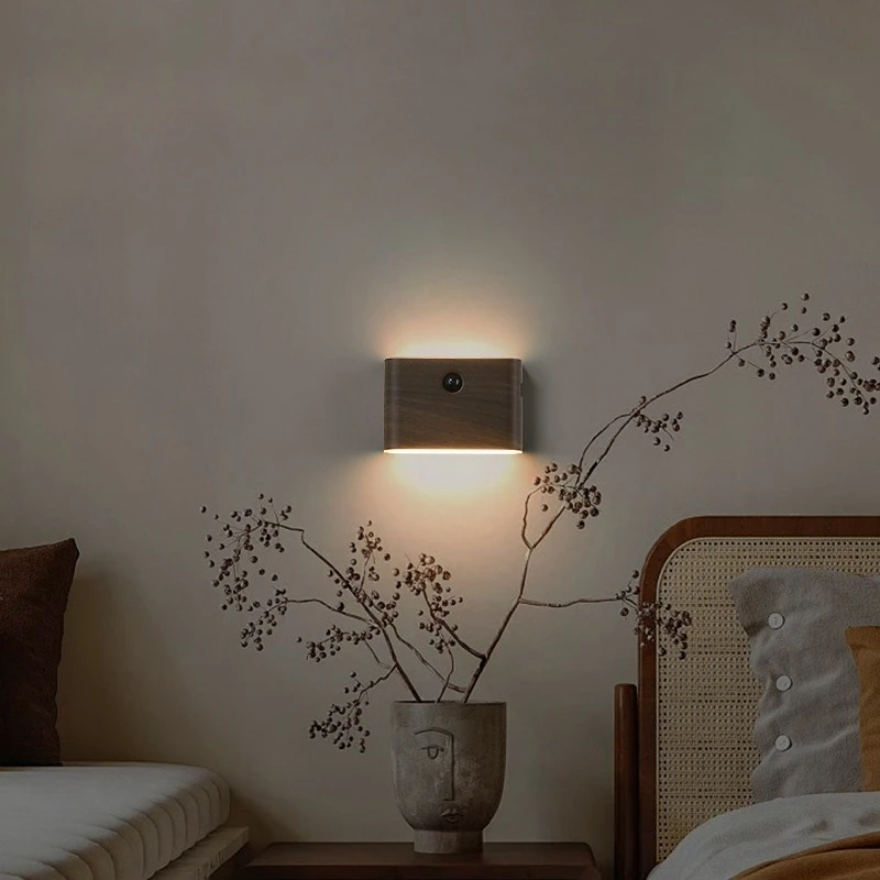 Human Sensation Intelligent Led Wall Lamp Night Light Walnut Wood Atmosphere Light Magnetic Suction Charging Induction Light