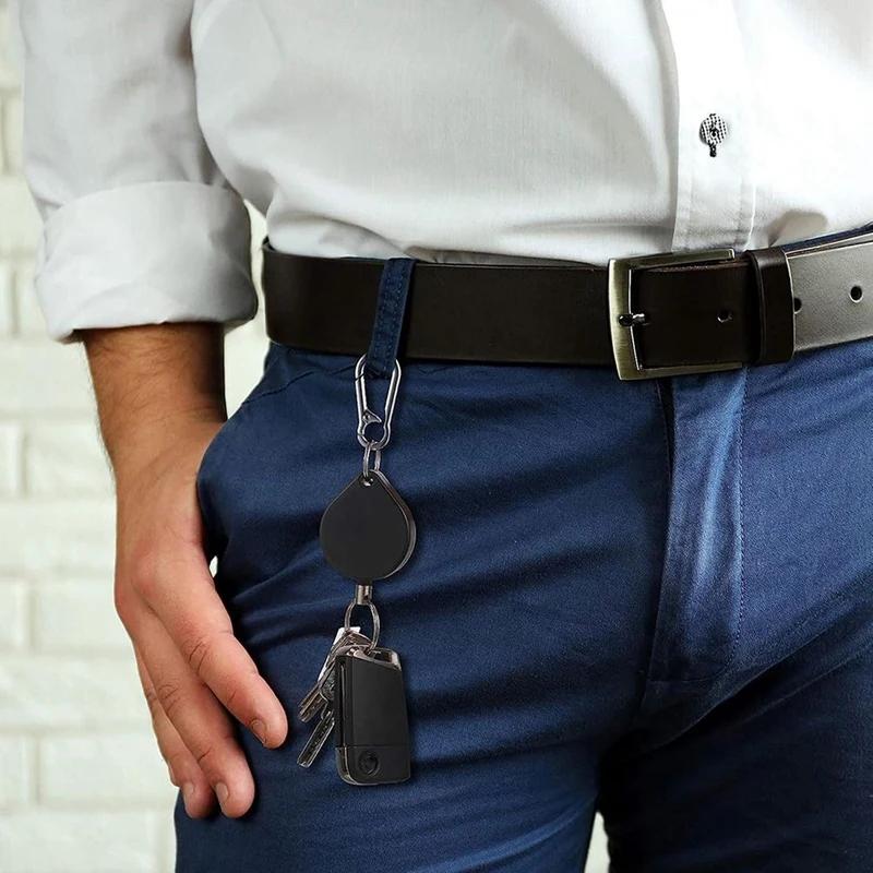 格納式キーホルダーバッジホルダーヘビーデューティバッジリール強力なケーシング金属コイル鋼線ロープカラビナ-ABJU