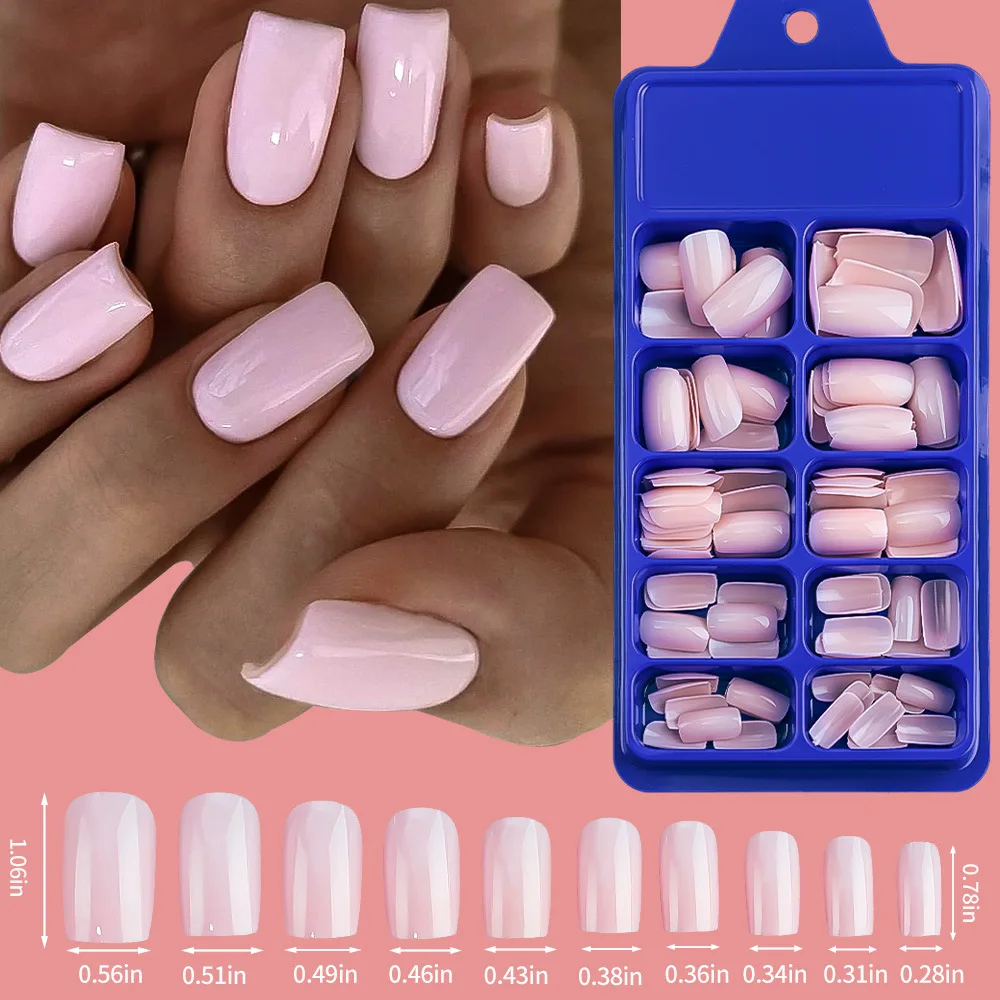 

100Pcs Light Pink Press on Nails Short Medium Square Wearable Fake Nails Tips 10 sizes Full Cover False Nails Finger Decoration