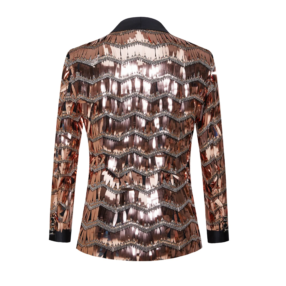 Mens Luxury Wave Striped Gold Sequin Blazer Jacket Shawl Lapel One Button Shiny Wedding Party Suit Jackets Dinner Tuxedo Blazer