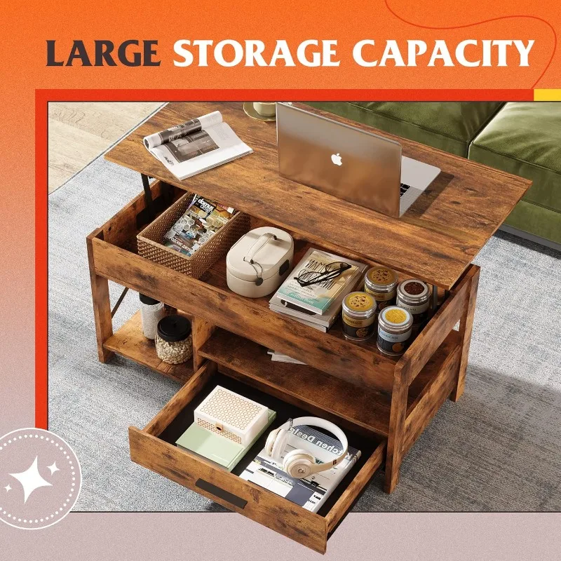 Mesa de centro, mesa de centro com tampo regulável em altura de 39 polegadas, com compartimentos ocultos, gavetas de armazenamento e prateleiras de armazenamento