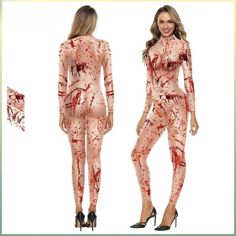 

Новинка 2025, женский цельный костюм на Хэллоуин, цифровая печать, облегающий костюм с пятнами крови, брюки с низкой талией