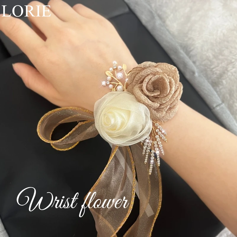 

LORIE Girls Bridesmaid Wrist Flowers Ribbon Rose Wedding Prom Party Hand Flowers Wedding Party Accessories Women Wrist Corsage