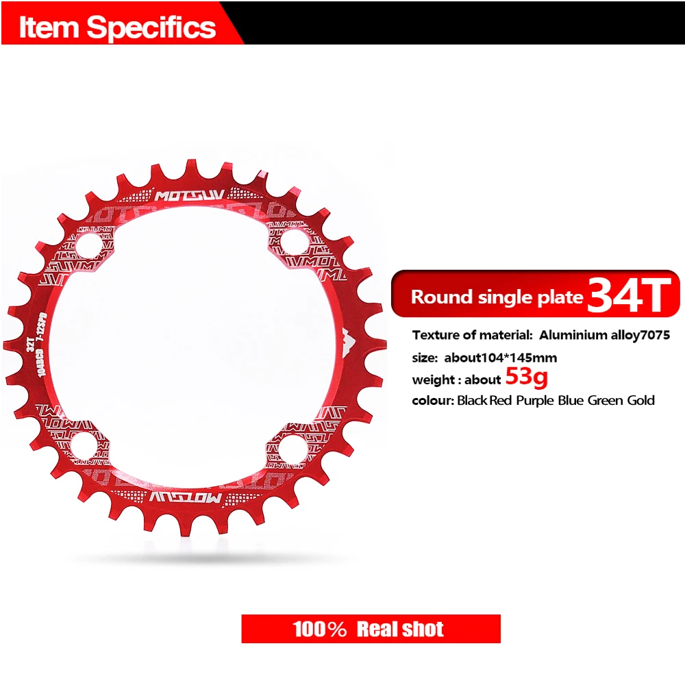 MOTSUV 104BCD Narrow Wide 38T 36T 34T 32T Bicycle Chainring,BCD 104 with 4 Bike Steel Screws, Single 12 11 10 9 8 Speed,Plato MT