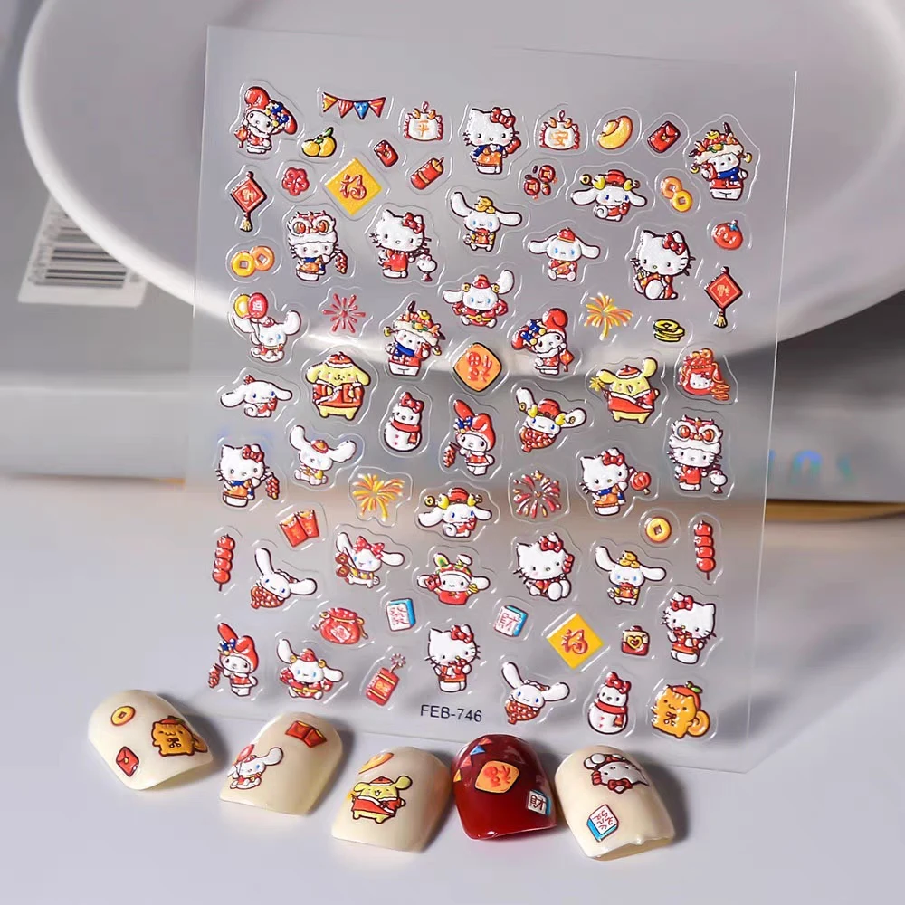 1 sheet New Year Kitty Sanrio New 5D Relief Nail Art Stickers Nail Decals for Manicure fashion Design DIY Happy Accessories