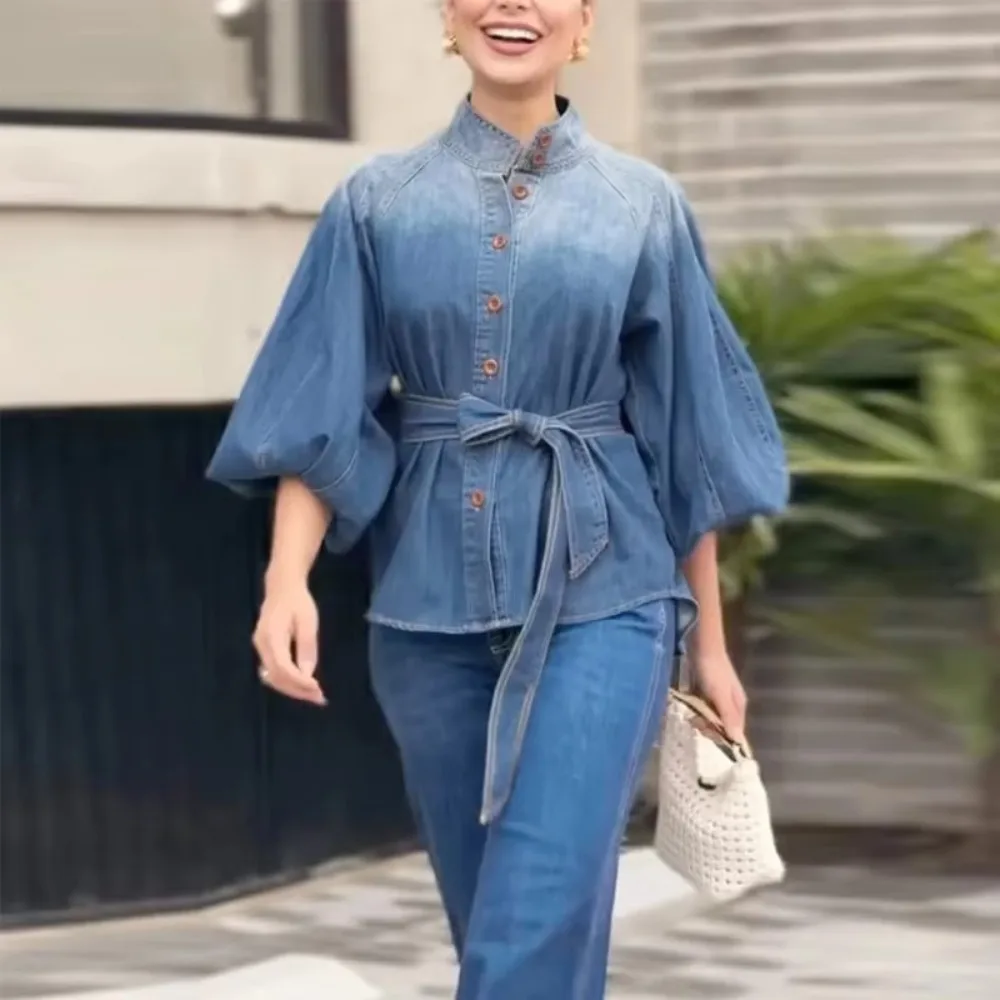 Greenora Women's Fashion Washed Gradient Denim Belted Stand Collar Blouses 2026 New Puff Sleeves Buttoned Casual Trendy Shirt To