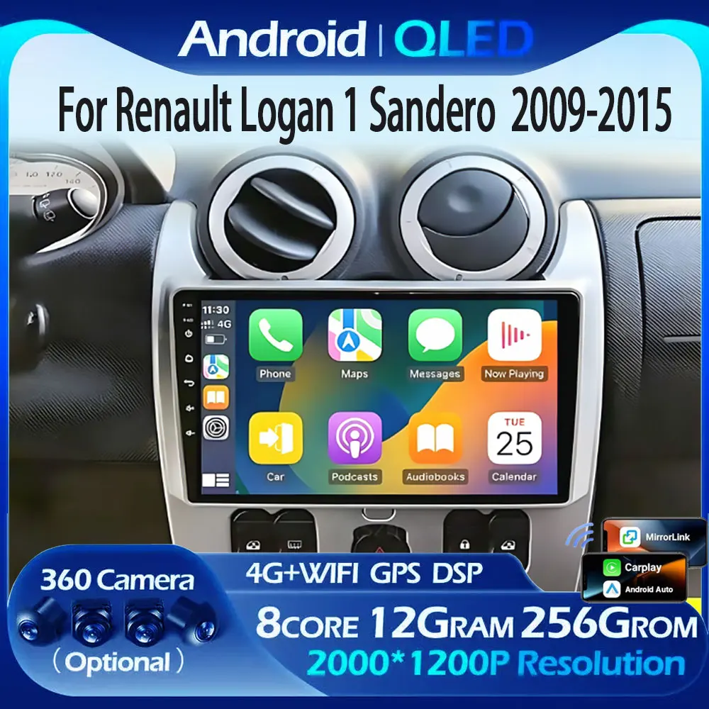 Radio Multimedia para Auto Android 16 para Renault Logan 1, Sandero 2009 2010 2011 2012 - 2015, Largus, Dacia Duster, Reproductor Estéreo con Carplay