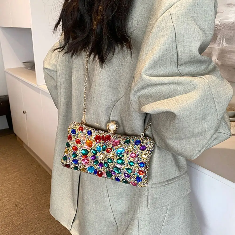 

Retro Shiny Evening Banquet Bag Sequin Bling Glitter Colorful Rhinestone Shoulder Bag Pearl Purse Chain Crossbody Bag Women